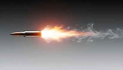 A bullet flying through the air with a bright fiery trail and smoke against a grey background.