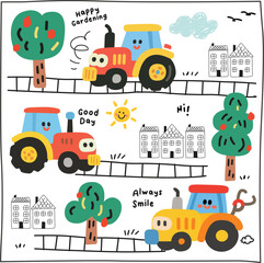 Cute Tractor and Countryside Seamless Pattern Vector for Kids Design 
