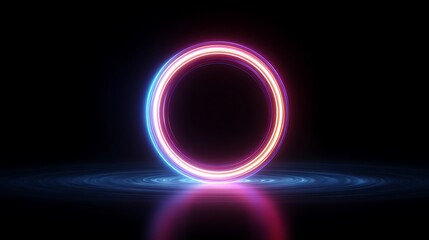 Glowing neon ring portal with pink and blue light on dark surface.