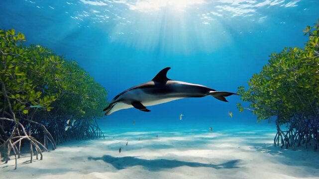 Dolphin swimming in clear blue ocean water with fish and mangrove trees on sandy ocean floor dolphin video