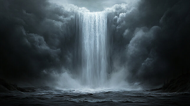 Cloud storage visualized as a digital waterfall, with cascading data streams flowing downward in glowing layers to represent information transfer, depth, and seamless connectivity.