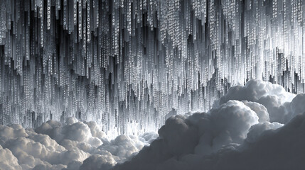 Cloud storage visualized as a digital waterfall, with cascading data streams flowing downward in glowing layers to represent information transfer, depth, and seamless connectivity.