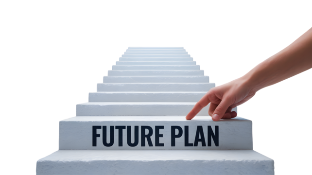 Hand reaching out to touch the words future plan on the first step of a white staircase leading upwards isolated on transparent background