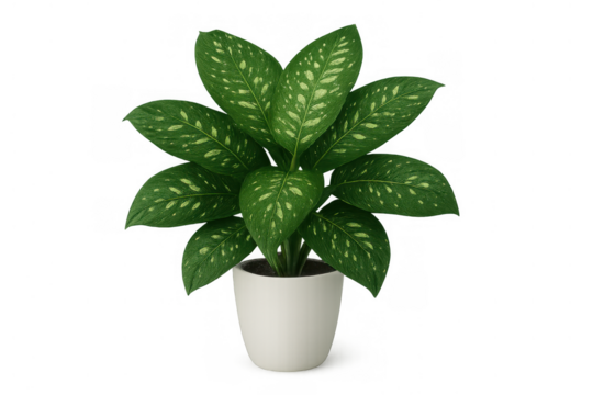 Dieffenbachia plant with broad green leaves and white spots in minimalist white pot on transparent background