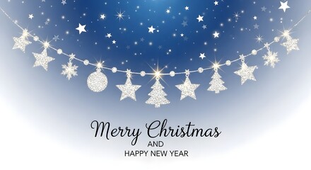 Sparkling Christmas garland with glitter stars, trees, and baubles on a festive blue background.