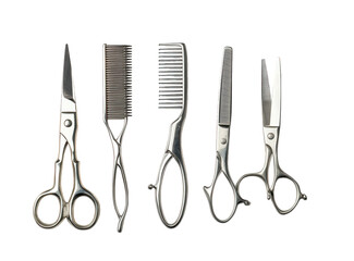 Collection of vintage grooming tools isolated on transparent background, featuring scissors and combs, evoking a sense of nostalgia and classic hairstyling techniques