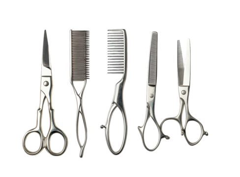 Collection of vintage grooming tools isolated on transparent background, featuring scissors and combs, evoking a sense of nostalgia and classic hairstyling techniques