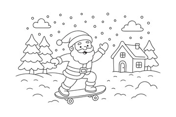 Fun Christmas coloring page featuring Santa riding a skateboard in the snow with pine trees and a snowy house in the background. Simple outline vector illustration for kids.