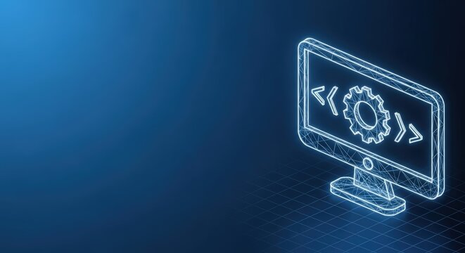 Computer screen displays programming code and gears