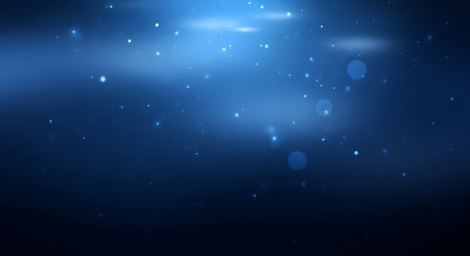 Abstract dark blue background with glowing particles and soft light flares creating a magical and ethereal atmosphere.