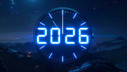 Digital Clock Displaying the Year 2026 Against a Night Sky.
