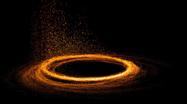 Particle waves swirl into a glowing circular path, forming a dynamic ring of energy with fluid motion, soft light trails, and a hypnotic sense of rhythm and symmetry in a dark atmospheric space
