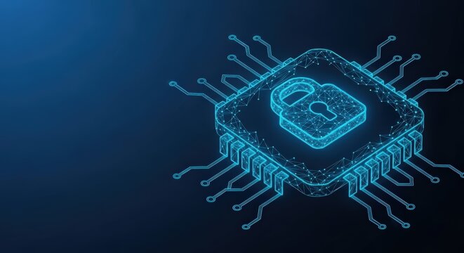 Digital chip with padlock symbol representing cybersecurity
