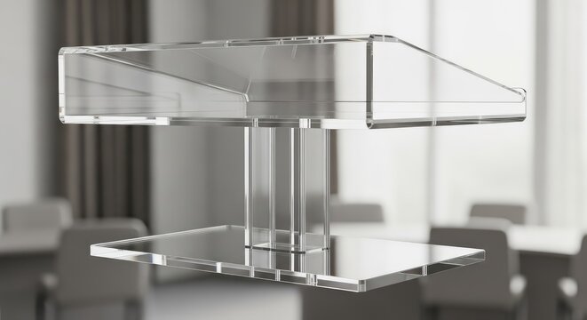 A clear podium stands in a room with chairs in the background view