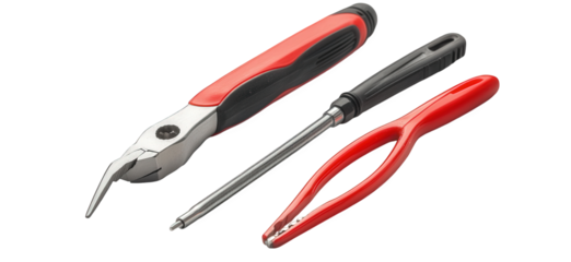 Assortment of pliers and a screwdriver isolated on transparent background, showcasing tools with red and black handles for various repair and maintenance tasks