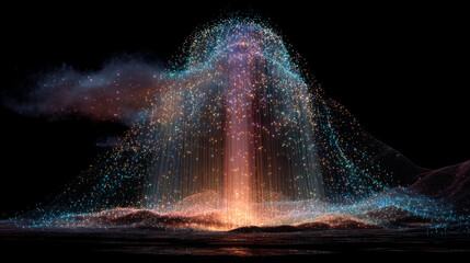 Cloud storage visualized as a digital waterfall, with cascading data streams flowing downward in glowing layers to represent information transfer, depth, and seamless connectivity.
