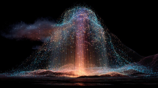 Cloud storage visualized as a digital waterfall, with cascading data streams flowing downward in glowing layers to represent information transfer, depth, and seamless connectivity.