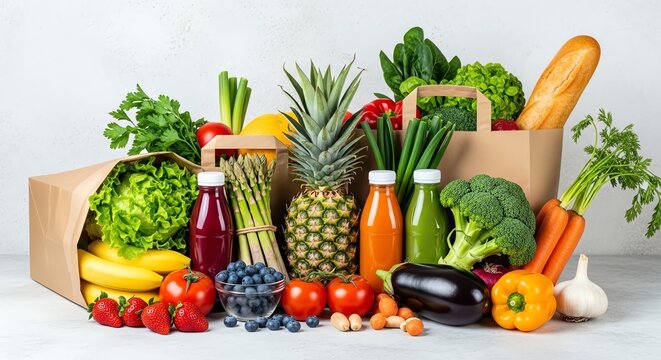 Vibrant assortment of fresh produce and juices, promoting healthy eating and lifestyle