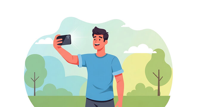 A young man taking a selfie with his smartphone in a sunny park with trees in the background.