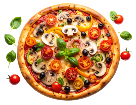 A freshly baked vegetarian pn mushrooms, cherry tomatoes, colorful bell peppers, melted mozzarella, and black olives, golden crust with subtle texture, isolated on a transparent PNG background. - Powered by Adobe