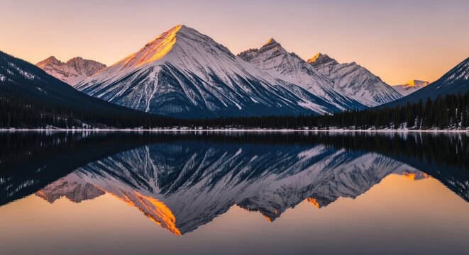 Snowy mountains reflected in calm lake at sunset in a scenic landscape
