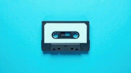 Fototapeta premium A Blank Audio Cassette Tape on a Vibrant Blue Background, a Retro Symbol of Analog Music and Nostalgia