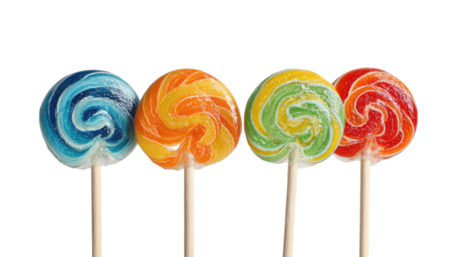 Colorful spiral swirl lollipops in blue orange green and red arranged in a row showing sweet candy texture isolated on white background