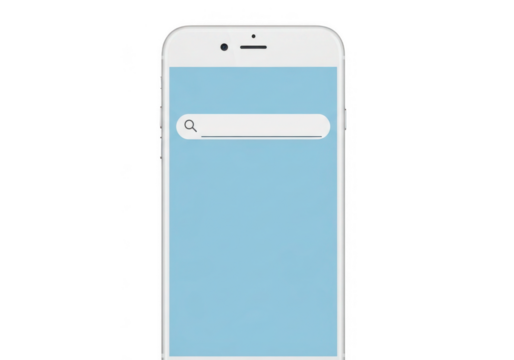 Minimalist white smartphone displaying a search bar on a light blue screen isolated on transparent background