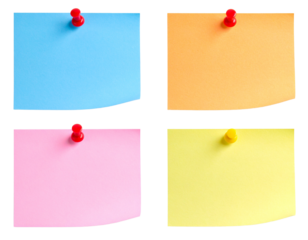 Arranged empty four post-it papers in pastel yellow, orange, pink and blue Isolated on transparent or white, Cut out
