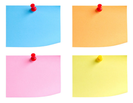 Arranged empty four post-it papers in pastel yellow, orange, pink and blue Isolated on transparent or white, Cut out