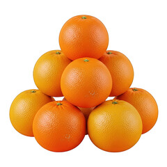 Stack of fresh oranges arranged in a pyramid against on transparent background