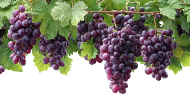 Fresh ripe purple grape clusters hanging on vine with green leaves, natural vineyard fruit close up isolated on white background