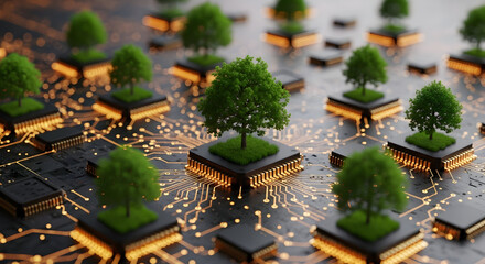 Explore the future where technology and nature merge seamlessly in this captivating circuit board forest, showcasing innovation and sustainable growth in a digital ecosystem.