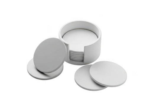 White round coasters in a holder isolated on transparent background