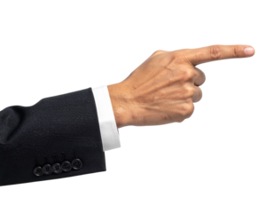 Businessman's arm in a black suit pointing with the index finger Isolated on transparent or white, Cut out
