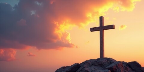 Wooden Cross Silhouette on Rocky Hilltop at Sunset