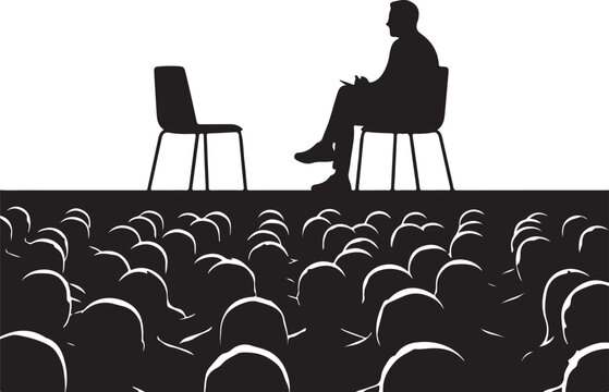 Silhouette of a speaker or interviewer sitting on a chair, facing an empty chair, with a large audience or crowd in the foreground. Represents public speaking, a lecture, or a conference event