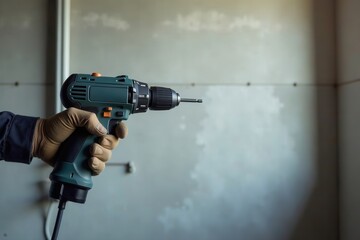 A gloved hand firmly grips a cordless drill, poised for action against a subtly textured wall background, ready to commence a DIY project.