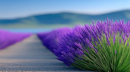 Vibrant Purple Lavender Fields Stretch Towards Distant Rolling Hills Under a Clear Blue Sky on a Sunny Day