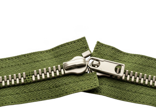 Close up of a partially opened green fabric zipper with metal teeth isolated on transparent background
