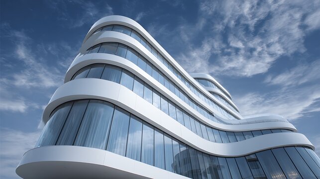 Modern curved building with glass facade against a blue sky. - Powered by Adobe