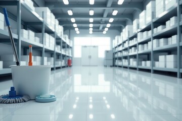 A clean warehouse facility showcasing a mop bucket and cleaning supplies, ready for maintenance and upkeep