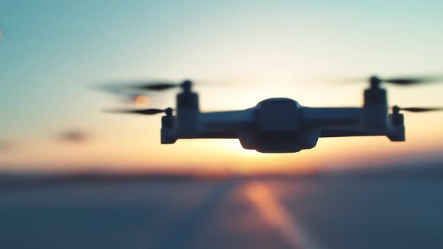 Multiple drones flying across a warm sunset sky with bright sunlight futuristic aerial technology