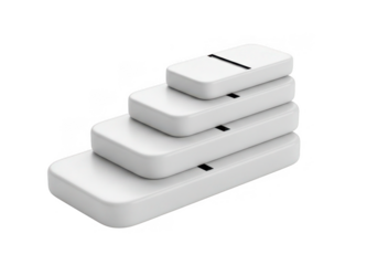 Stack of four white dominoes arranged in a staircase shape isolated on transparent background
