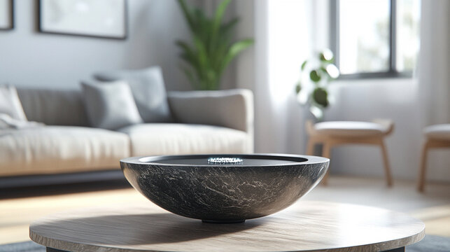 A holographic digital assistant floats above a coffee table, emitting soft glowing light and forming an AI interface that blends seamlessly with a modern cozy home environment.