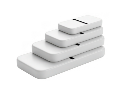 Stack of four white dominoes arranged in a staircase shape isolated on transparent background
