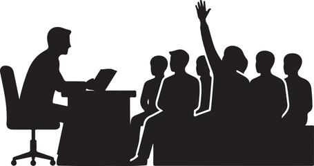 Meeting or Classroom Discussion Silhouette Audience Member Raises Hand for Question and Participation, Symbolizing Inquiry and Engagement.