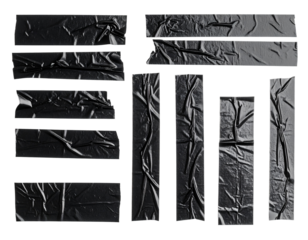 Set of crumpled clear adhesive black tape strips Isolated on transparent or white, Cut out