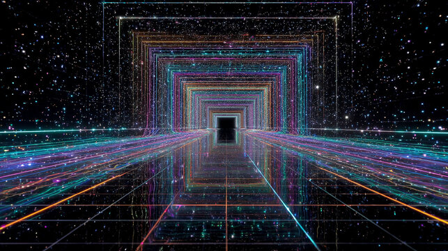 An infinite neon corridor representing a quantum tunnel, glowing with shifting light bands and vibrant colors, creating a surreal sense of depth, motion, and futuristic physics-inspired energy