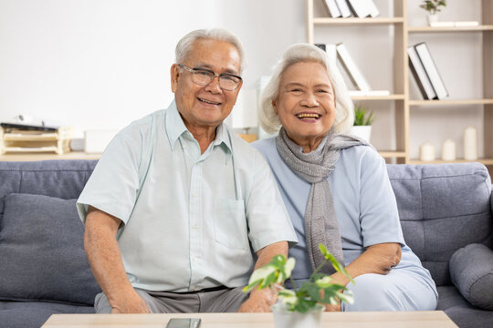 Asian Happy senior couple living room sofa smile glasses gray hair casual clothing scarf cozy home indoor